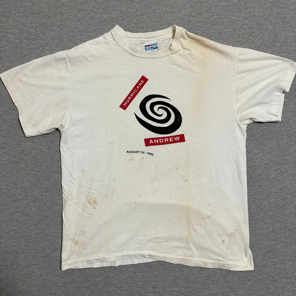 Vintage 1992 Hurricane Andrew Hanes T-Shirt Short Sleeves White Mens Size Large
